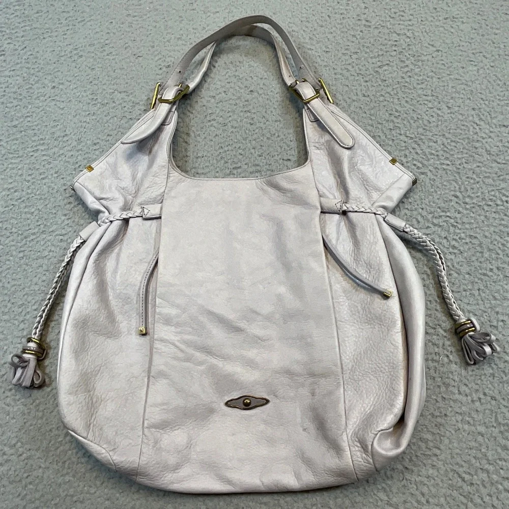 Elliott Lucca Hobo Bag Womens Large Beige Good Leather Braided Tassel Slouchy